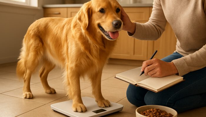 Owner weighs active golden retriever on scale while checking coat in a sunlit kitchen