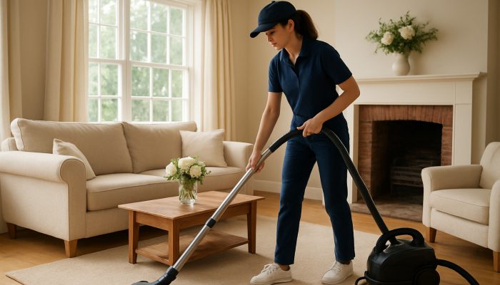 Professional cleaner vacuuming a bright living room in a charming Martock cottage adorned with fresh flowers.
