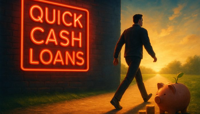 Avoiding Running Back to Quick Cash Loans: Key Tips | DCL Individual moving away from a quick cash loans sign towards a piggy bank savings path illustration