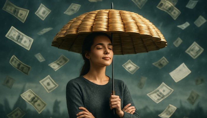 Avoiding Running Back to Quick Cash Loans: Key Tips | DCL Individual protected by a golden coin umbrella from a storm of unexpected bills and expenses.