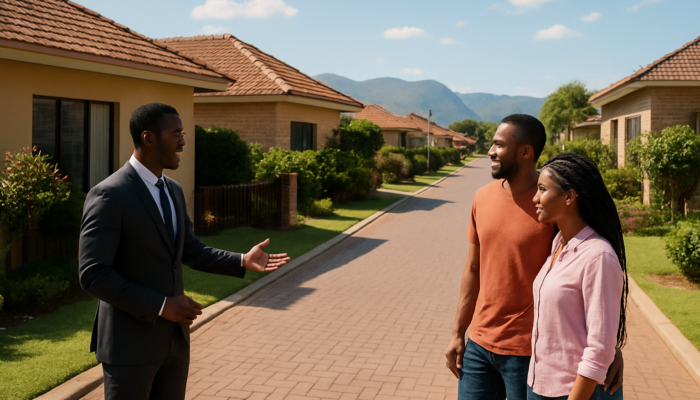 Couple exploring modern homes on a busy Thohoyandou street with a real estate agent under a bright sky.