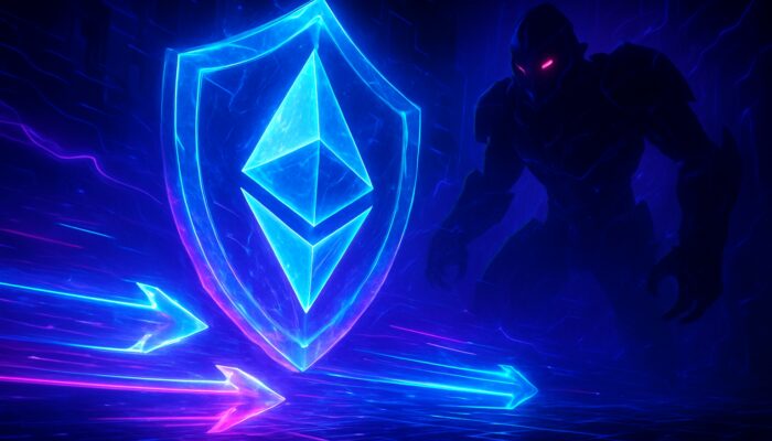 Cyberpunk setting with illuminated Ethereum transactions shielded by crystalline defence against rogue MEV bots in vibrant blues and purples.