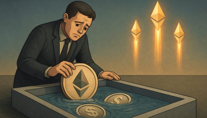 Surreal sad investor withdrawing faded ETH-USDC tokens as glowing Ethereum rockets skyward, showcasing impermanent loss.