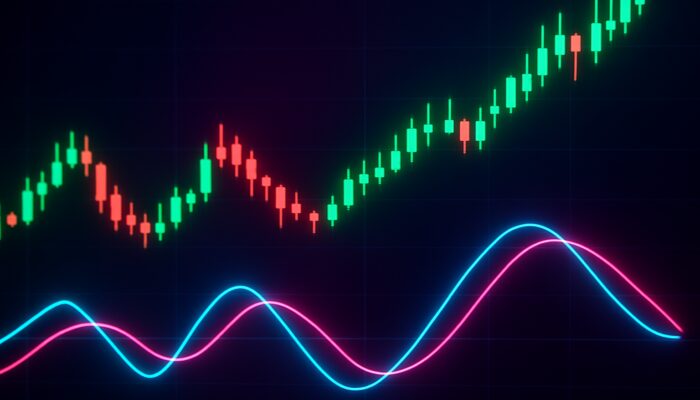 Dynamic trading interface showcasing Trix indicator crossovers, divergences, and ascending price candles in a neon setting.