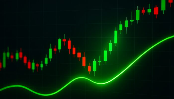 Trading chart featuring a green Trix line crossing above zero amidst candlesticks for a bullish buy signal