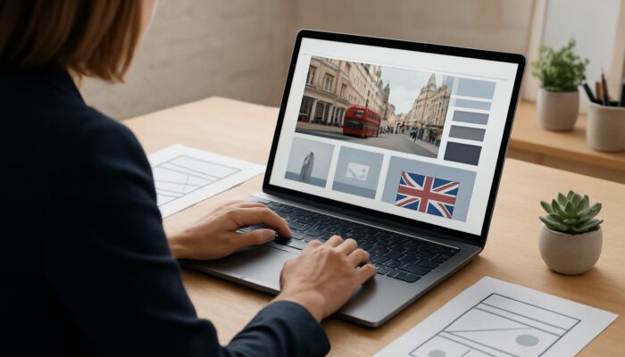 Designer creating a sophisticated WordPress site with British aesthetics on a laptop in a Marlborough studio