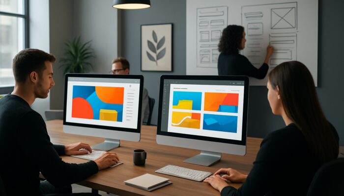 Expert designers in a Marlborough studio creating vibrant WordPress websites on illuminated screens.