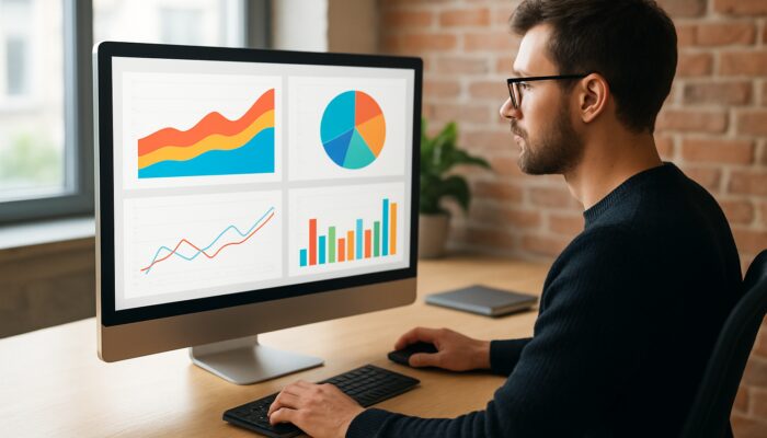 Web designer analysing Google Analytics dashboards with colourful KPI charts in a Marlborough office