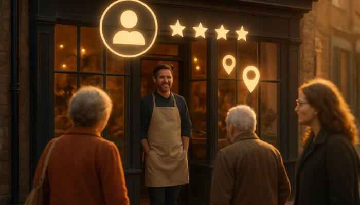 Charming Taunton storefront illuminated with Google My Business reviews and location pins during dusk