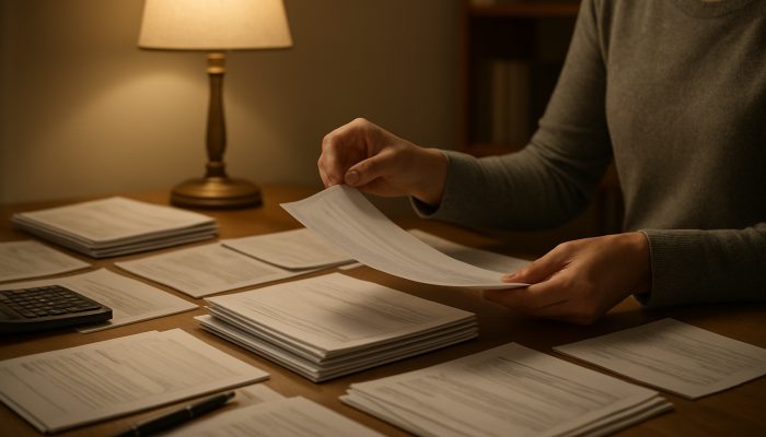 Avoiding New Debt While Merging Balances: Essential Tips | DCL Individual sorting payslips and bank statements on a cluttered desk under lamplight in a home office.