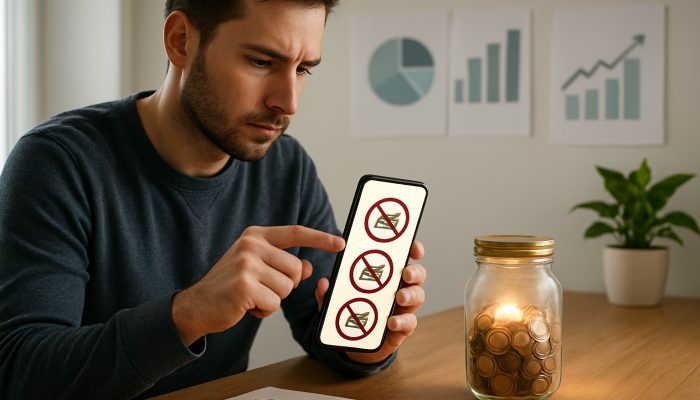 Concentrated person configures mobile app to block retail sites near a glowing savings jar and debt charts